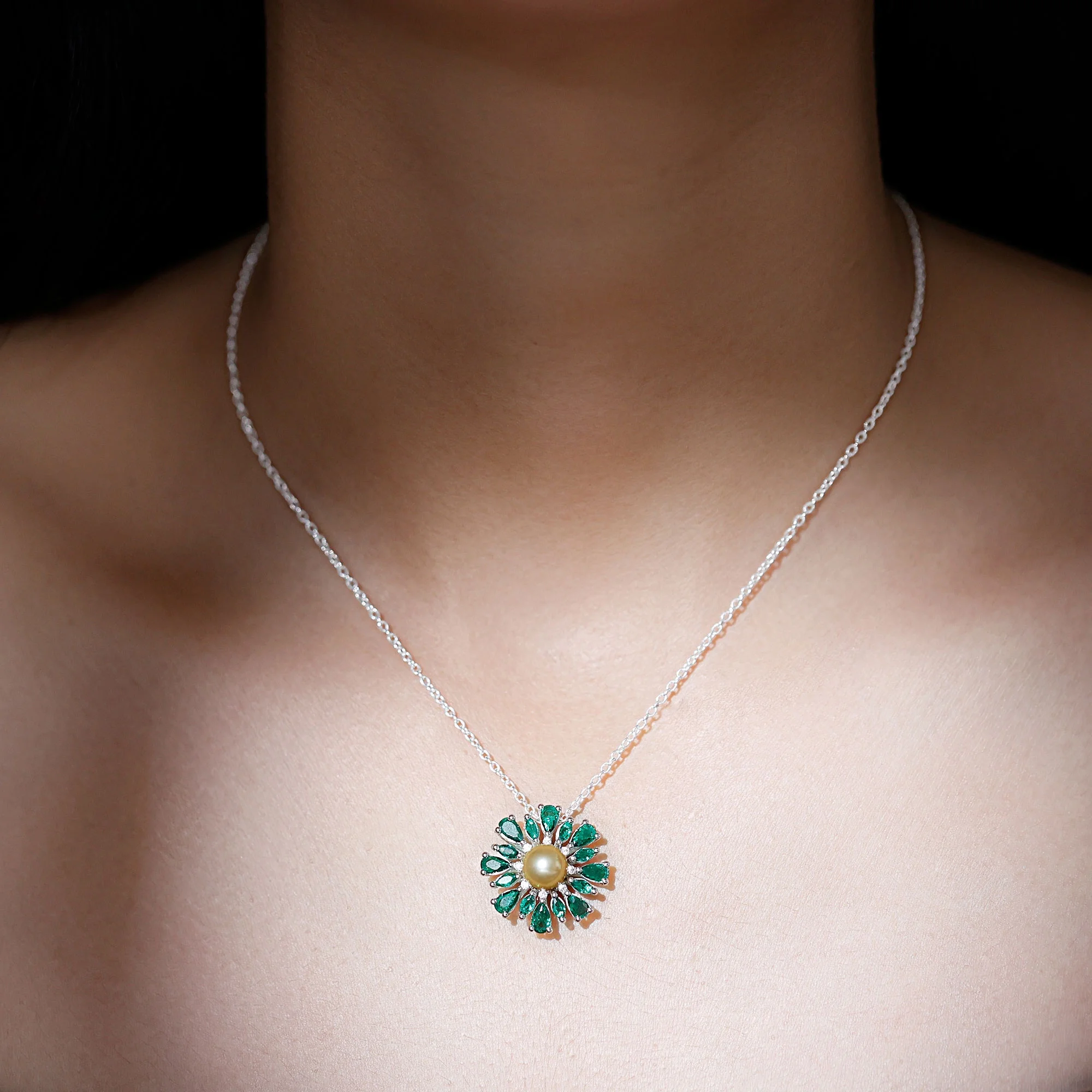 South Sea Pearl Pendant with Emerald and Diamond, Floral Pendant Necklace, 18K White Gold