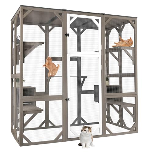 71" Catio Outdoor Cat Enclosure, Large Wooden Outdoor Cat House Kitty Catio Enclosure for Indoor Cats