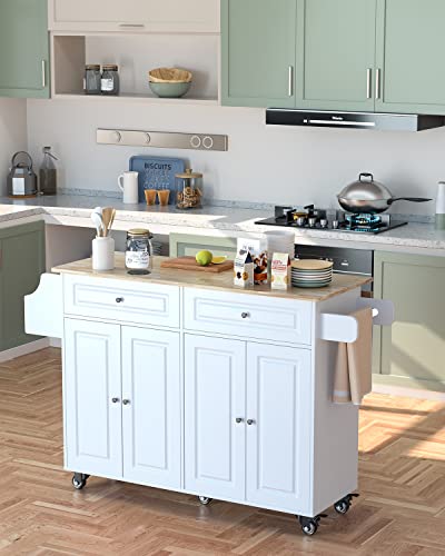 Qsun Kitchen Island with Drop Leaf and Storage, Kitchen Island on Wheels with Two Drawers, Two Large Storage Cabinet