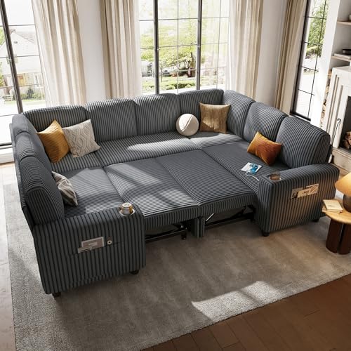 LINSY HOME Sectional Sleeper Sofa with Pull Out Couch Bed Convertible Plush Corduroy Cloud Couch with Storage Chaise & USB Charging