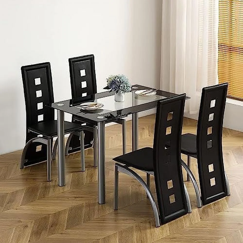 HJZBNONE White Dining Table Set for 4  Modern Glass Kitchen Table and Chairs Set  Space Saving Dining Room Table Set with 1 Glass Dining Table and 4