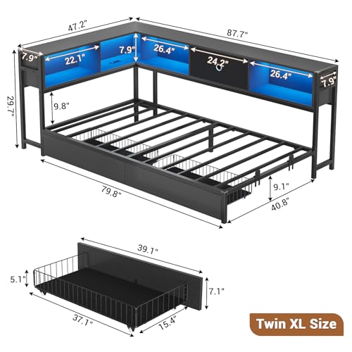 Hasuit Corner Bed Frame with Storage Bookcase, Twin Daybed with Storage Drawers Underneath, Kids Bed Unit with Charging Station and LED Light