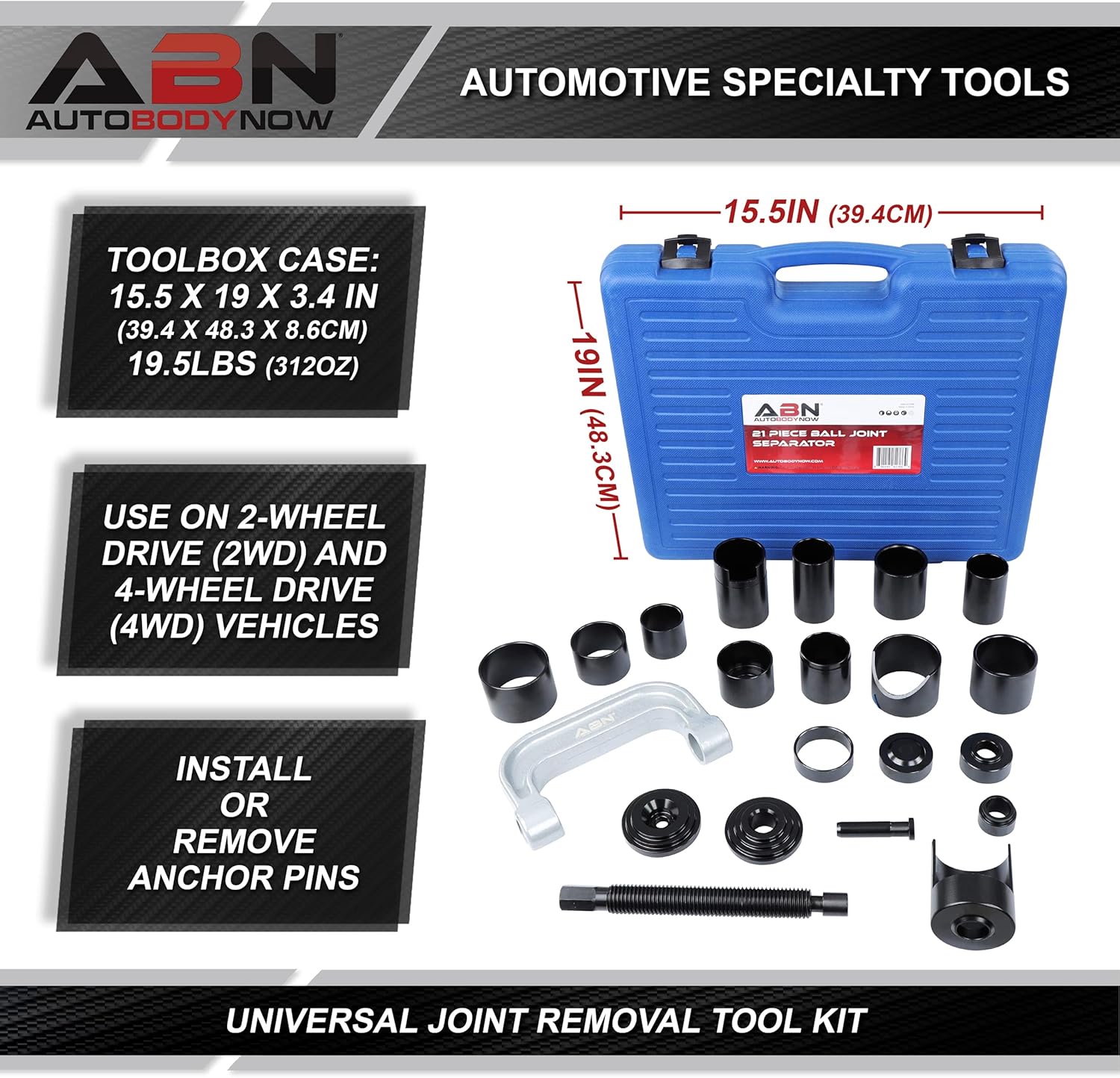 ABN 21 Piece Ball Joint Kit - Upper and Lower Automotive Ball Joint Press Removal Tool Kit - Includes Carrying Case