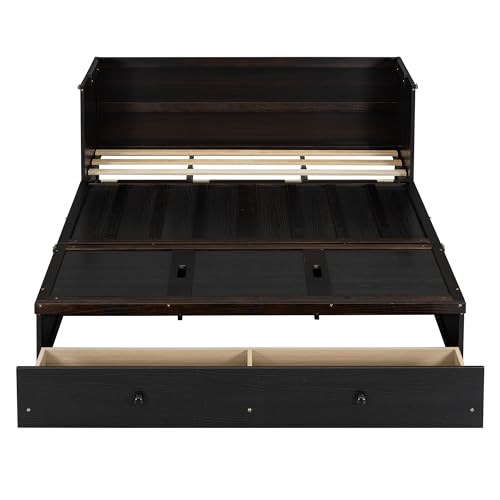 Harper & Bright Designs Queen Size Murphy Bed Cabinet, Solid Pine Wall Bed Chest with USB