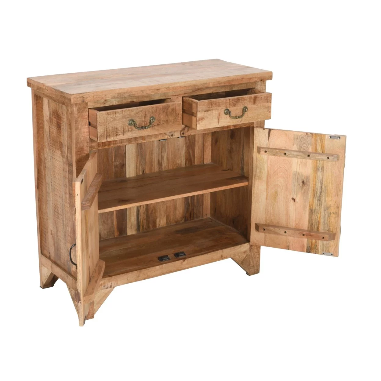 39 Inch Artisanal Farmhouse Style 2 Drawer Mango Wood Cabinet Console with 2 Door Storage, Rustic Brown- Saltoro Sherpi