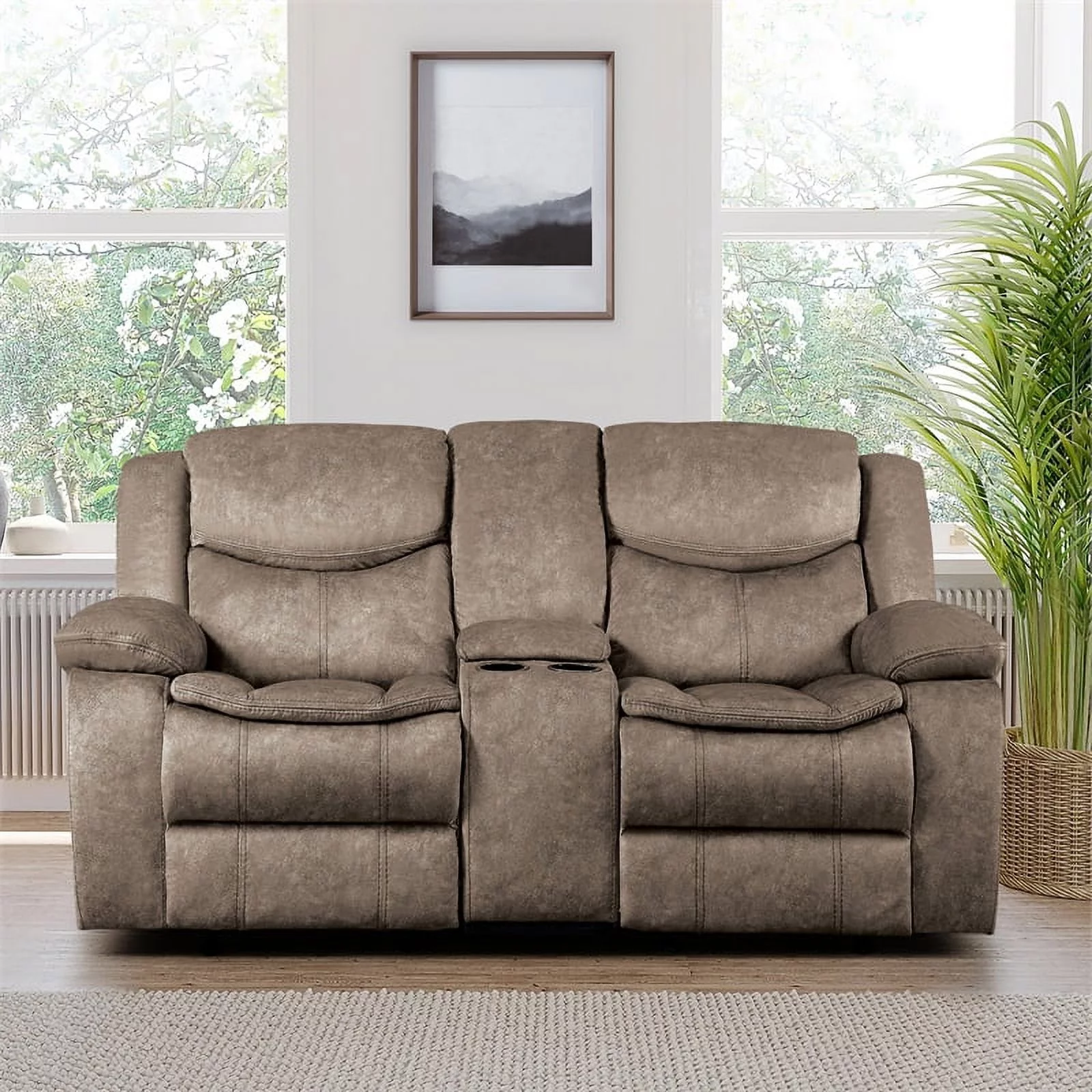 Lexicon Bastrop Fabric Double Glider Reclining Loveseat with Console in Brown