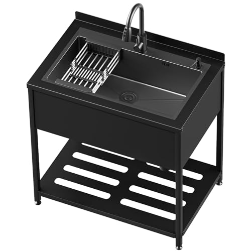 Stainless Steel Utility Sink, 36.6" × 24.2" × 36.6"Freestanding Sink with Cold and Hot Water Faucet,Hoses and Drain Kit for Kitchens, Bathrooms
