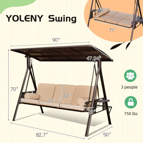 YOLENY Oversized Outdoor Porch Swing with Hardtop, 3 Seat Patio Swing with 2 Side Cup Holder, 3-in-1 Convertible Backrest Swing Bed with Cushion