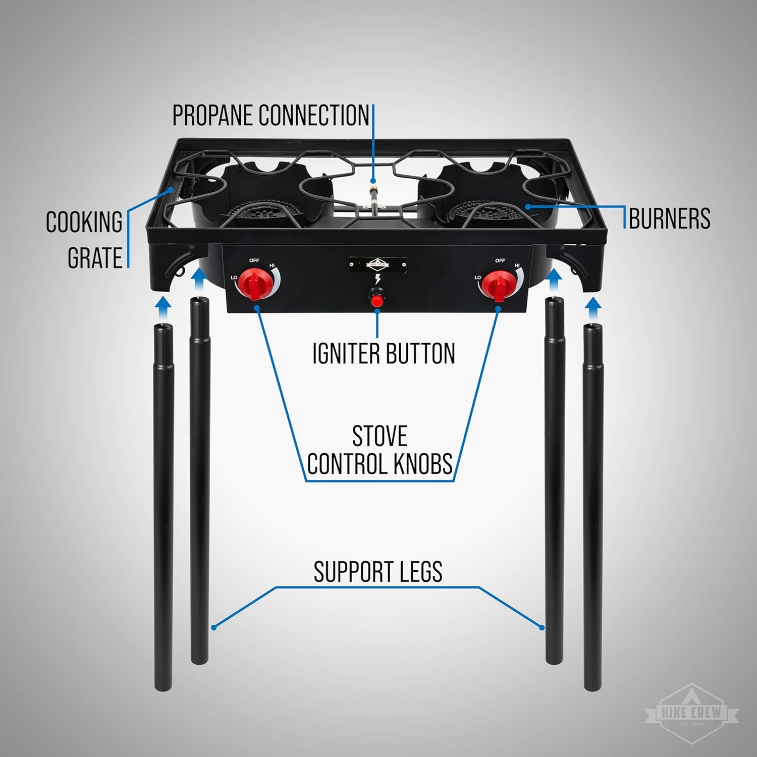 Hike Crew Auto Ignition Double-Burner Outdoor Gas Stove | 150,000 BTU Portable Propane-Powered Cooktop with Blue Flame Control, Removable Legs
