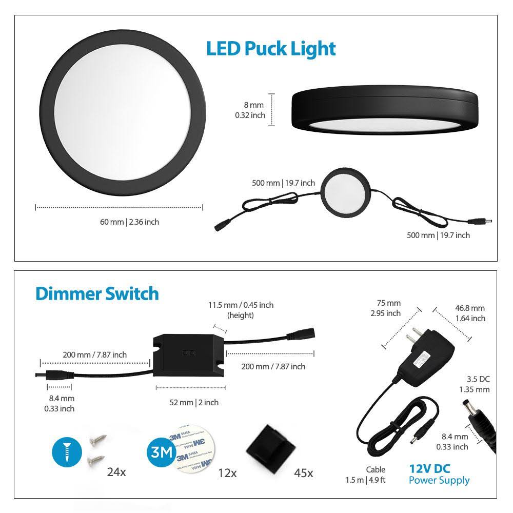 Eshine Black Matte Under Cabinet Puck Lights with Hand Wave Sensor – Dimmable – Pack of 12 Warm White (3000K)
