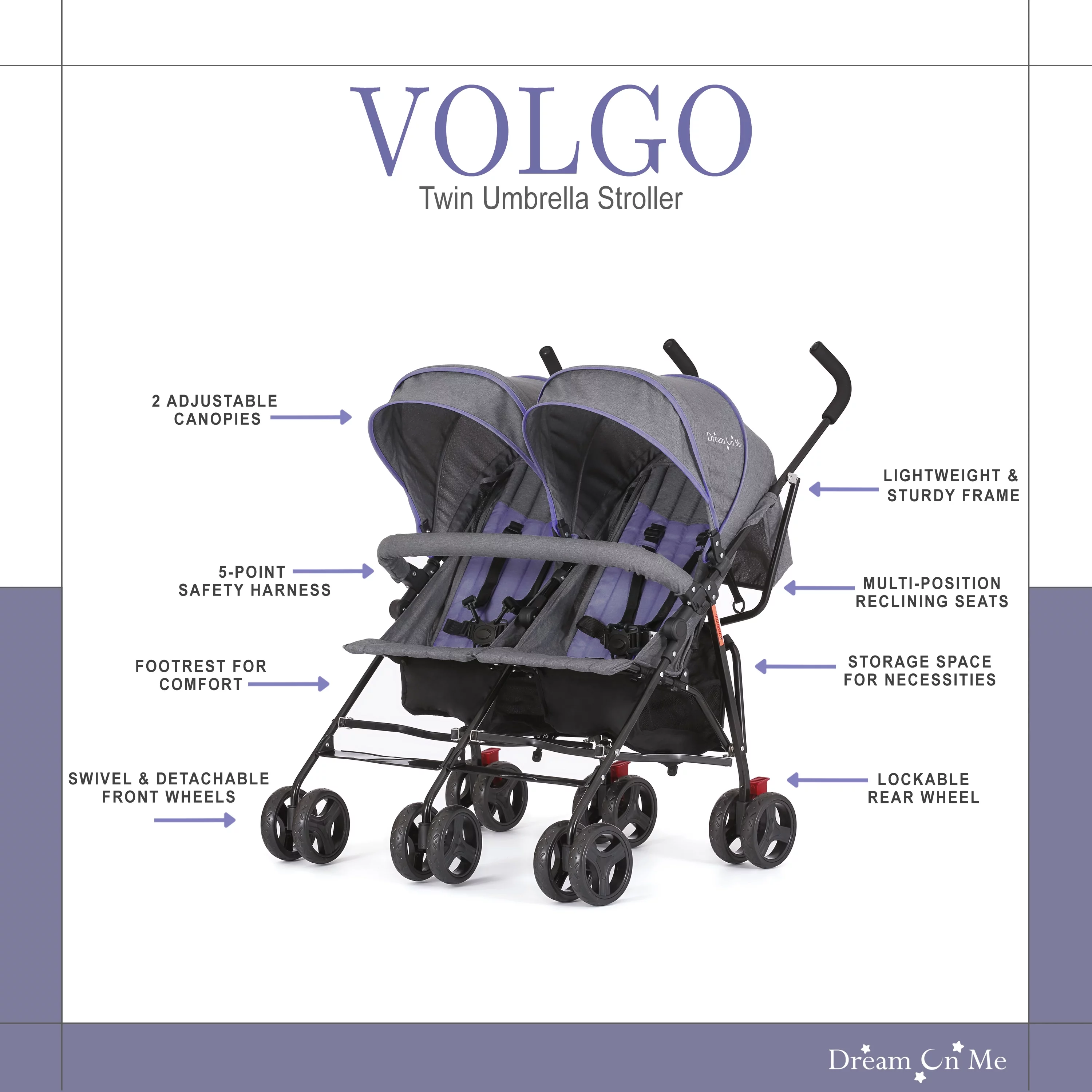 Dream On Me Volgo Twin Umbrella Stroller, Purple and Dark Grey