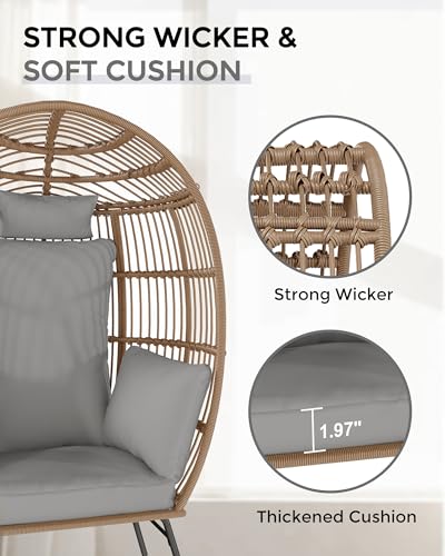 Oversize Wicker Egg Chair With Ottoman, Egg Basket Lounge Chair With Thick Cushion, Comfy Egg Rattan Seat for Indoor Outdoor Patio Porch Backyard
