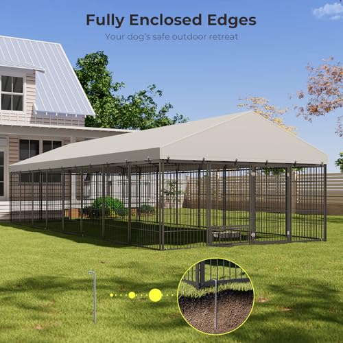 10X19FT Large Dog Kennel Outside with Feeding, Heavy Duty Outdoor Dog Run Cage with Cover & Lock, Outdoor Pet Enclosure Fence for Yard with Roof