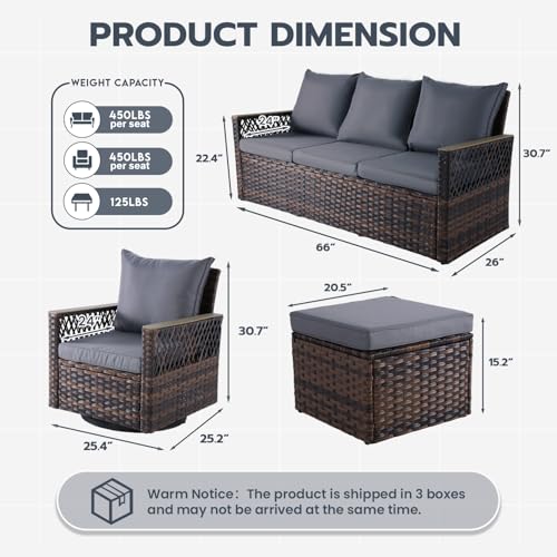 MELLCOM 4 Pieces Patio Furniture Set, Outdoor Wicker Chairs with Ottomans