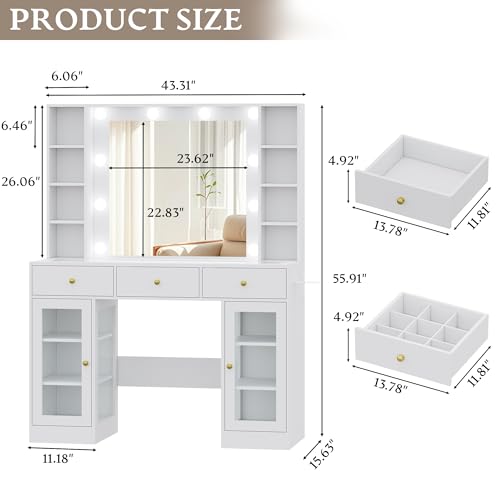 Makeup Vanity Desk with Mirror and Lights, White Vanity with Glass Top, LED Lights & Power Outlet, 3 Drawers & 2 RGB Glass Cabinets