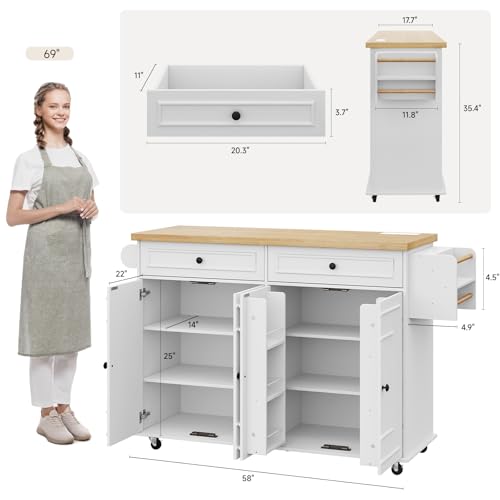 58" Mobile Kitchen Island, Kitchen Island Cart with Power Outlet, Island Table for Kitchen, Home Bar Carts with Storage