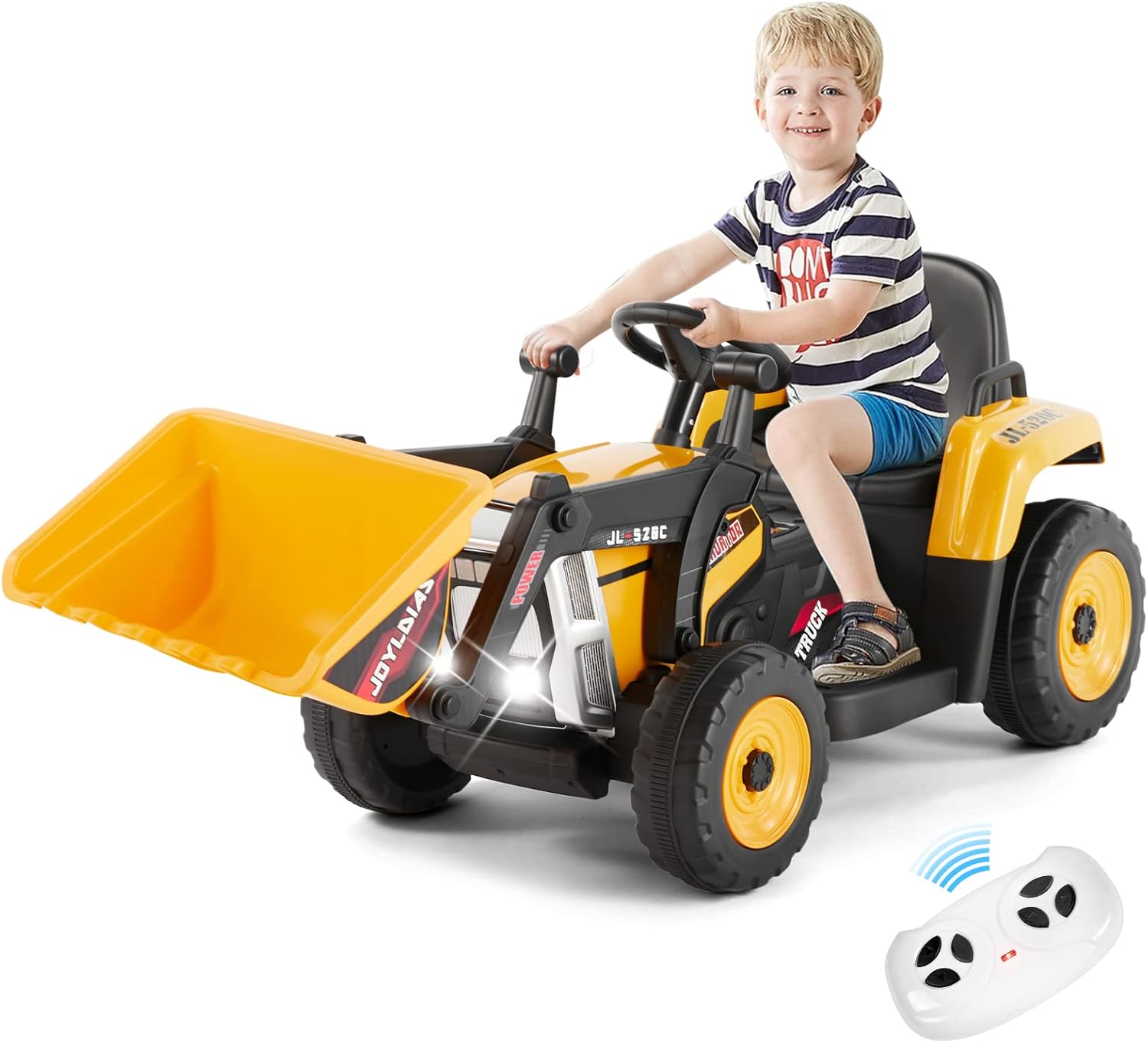 JOYLDIAS 12V Ride On Excavator with 2.4GHz Remote Control, Electric Construction Vehicle for Kids Digger with 3 Speeds, Bluetooth, Microphone Jack