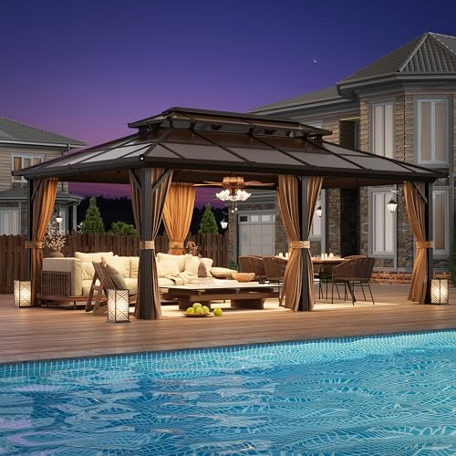 YOLENY 10'x13' Hardtop Gazebo, Outdoor Polycarbonate Double Roof Canopy, Aluminum Frame Permanent Pavilion with Curtains and Netting