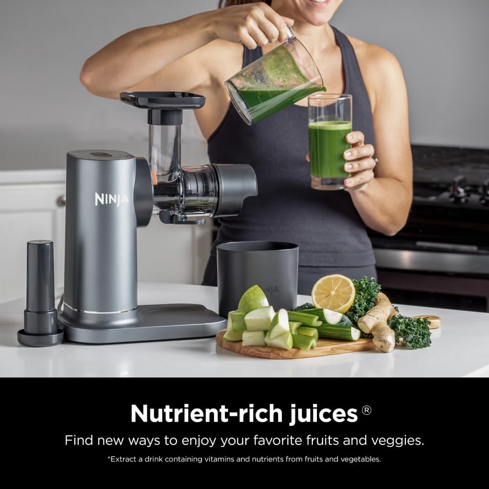 Ninja JC151 NeverClog Cold Press Juicer, Powerful Slow Juicer with Total Pulp Control, Countertop, Electric, 2 Pulp Functions, Dishwasher Safe
