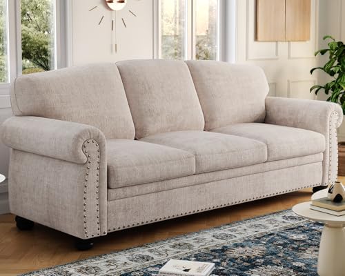 90 Inch Nailhead Trim Couch for Living Room, 23 Inch Deep Seat Rolled Arm Sofa, Comfy Upholstered 3 Seater Chenille Couch w/Wooden Leg