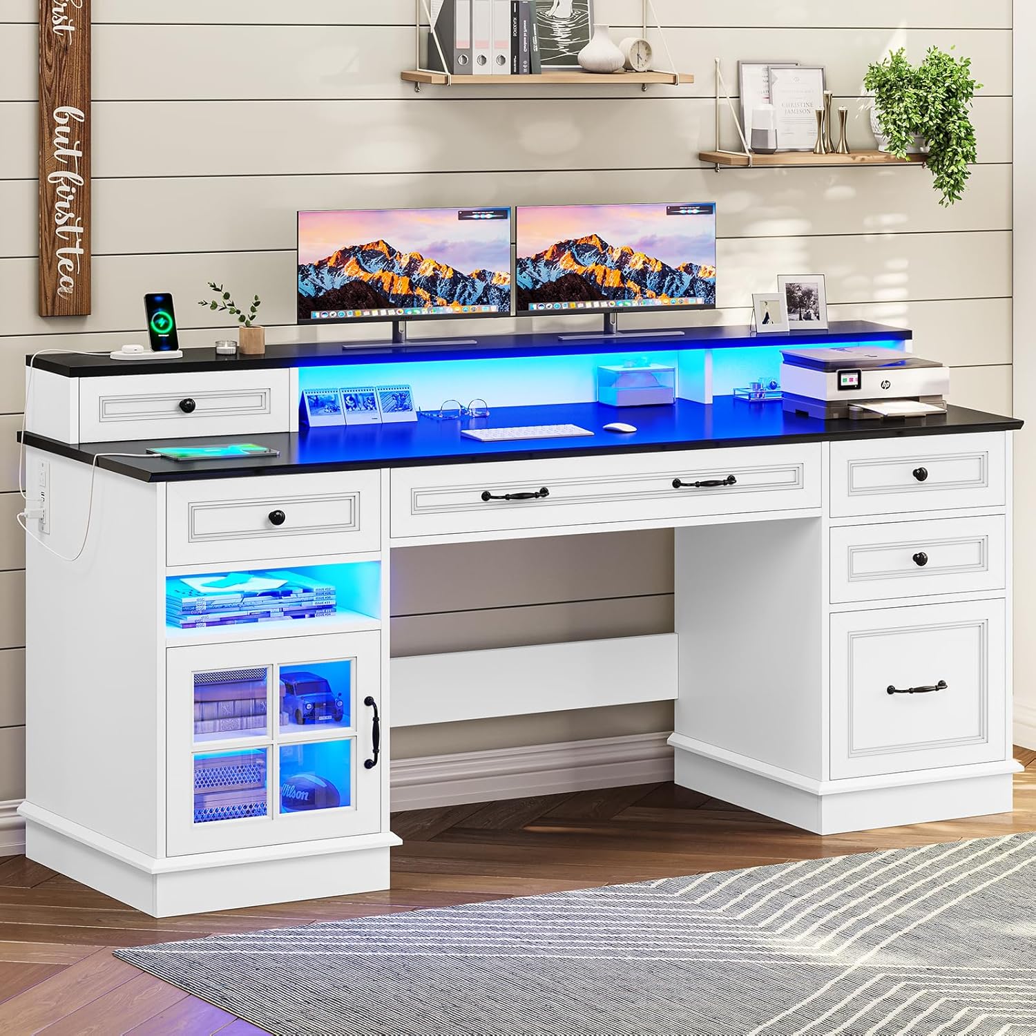 Executive Desk, Computer Desk with Drawers & Storage Cabinet, Home Office Desk with File Drawer & Monitor Stand