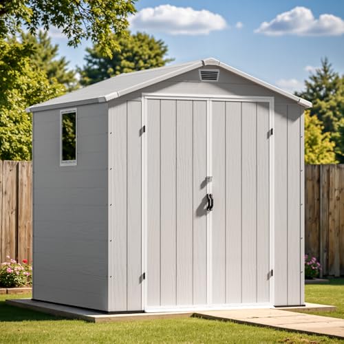 Patiowell 6 x 8 FT Plastic Outdoor Storage Shed with Floor, Resin Outside Tool Shed with Two Windows and Lockable Easy to Install, Door for Garden