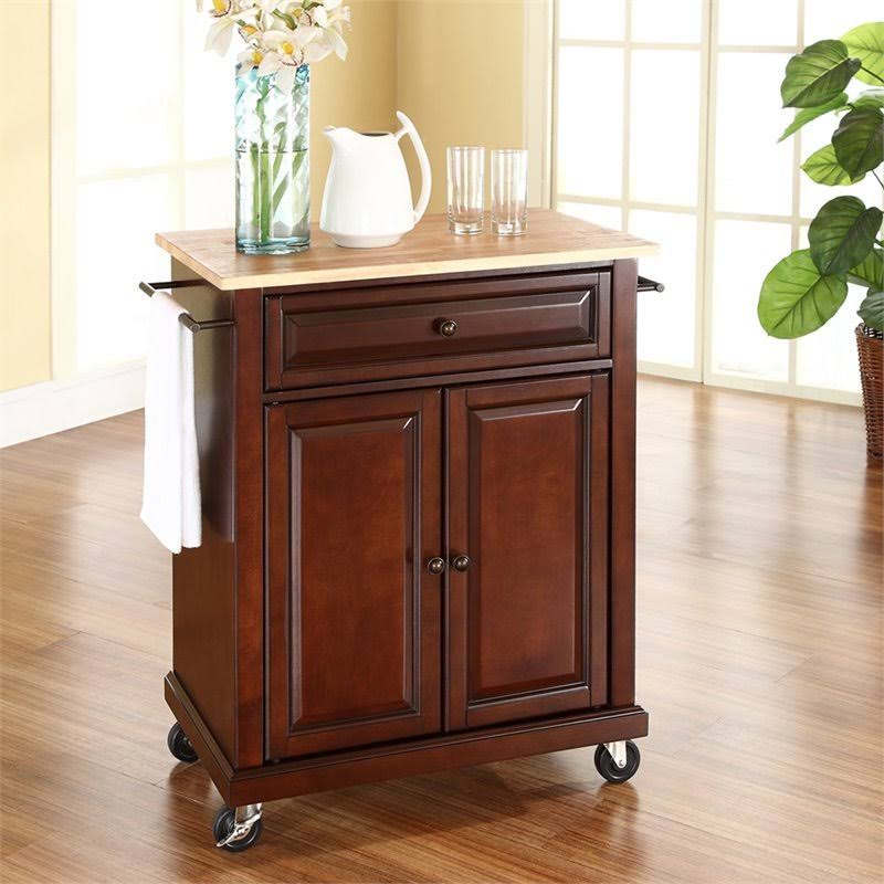 Pemberly Row Natural Wood Top Kitchen Cart in Mahogany - PR-376101