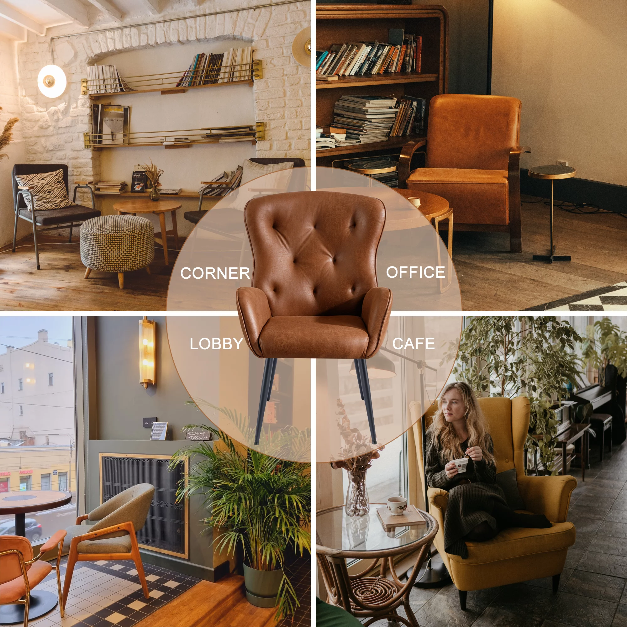 BFZ Faux Leather Accent Chair with High Back Design, Armchair with Metal Legs in Modern Style, Comfy Upholstered Wingback Chair for Living Room