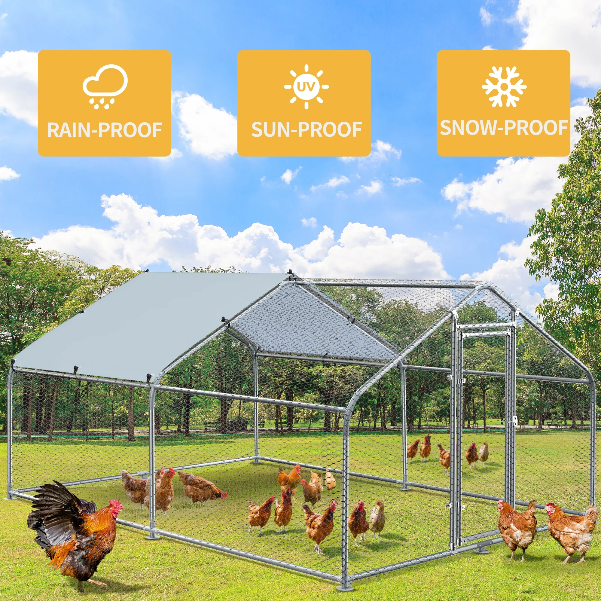 Dextrus Large Metal Chicken Coop Walk-in Poultry Cage Hen Run House Rabbits Habitat Cage Spire Shaped Coop with Waterproof and Anti-Ultraviolet Cover