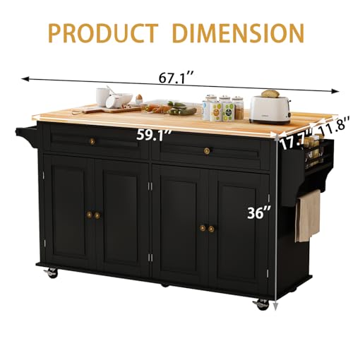 67’’ Movable Kitchen Island with Drop Leaf and Power Outlet, Lockable Sliding Countertop Rolling Island Cart with 2 Large Drawers, Spice, Towel Rack