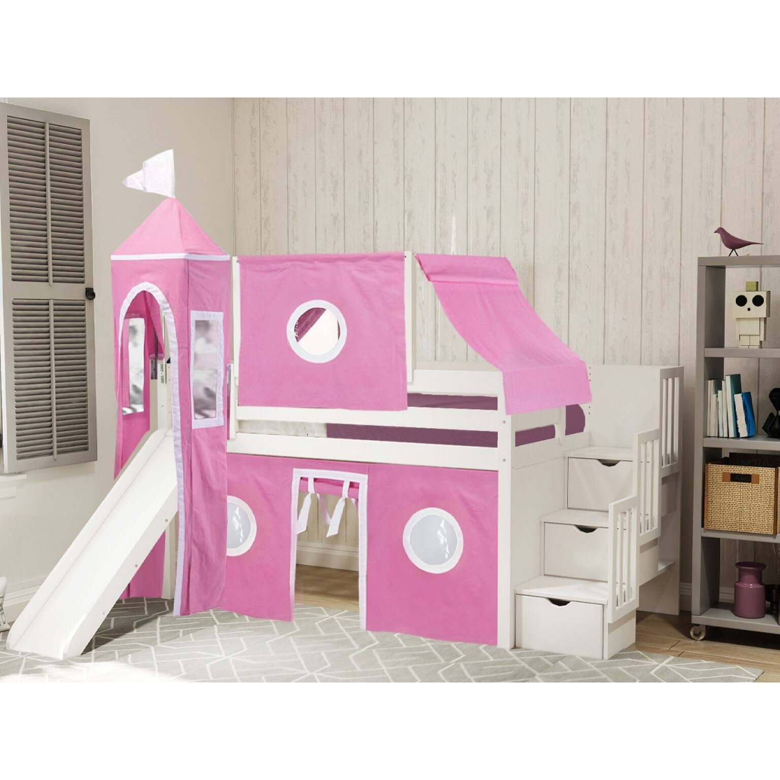 Jackpot! Princess Low Loft Twin Stairway Bed with Slide Pink Camo Tent and Tower, Blue