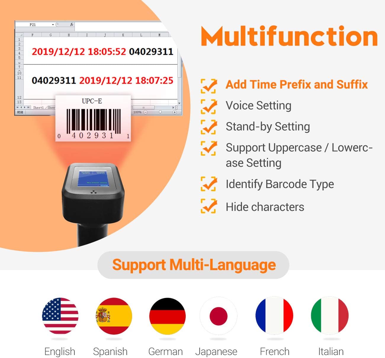 Tera 2D QR Wireless Barcode Scanner with Screen Display Battery Level Indicator and Time Display Work with Bluetooth 2.4G Wireless 2200mAh Large