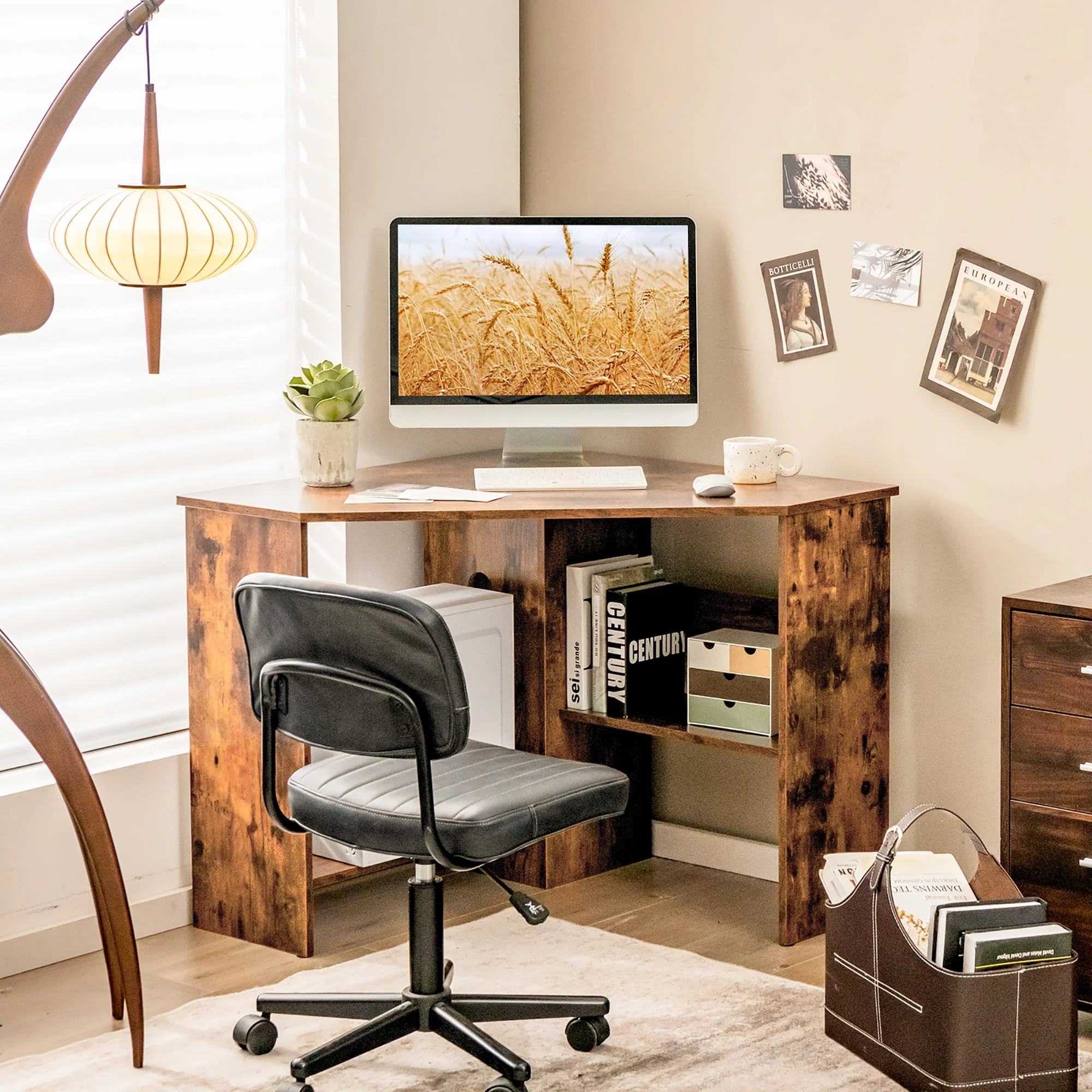 Costway Corner Computer Desk Triangle Writing Workstation w/Storage Shelf Rustic