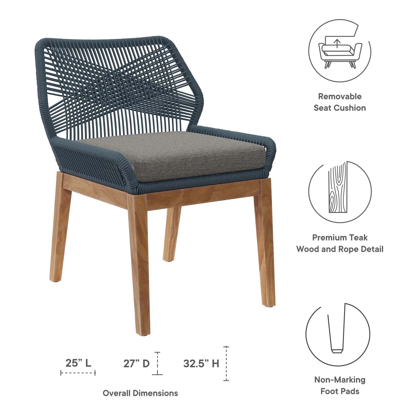 Modway Wellspring Outdoor Patio Teak Wood Dining Chair in Blue Graphite