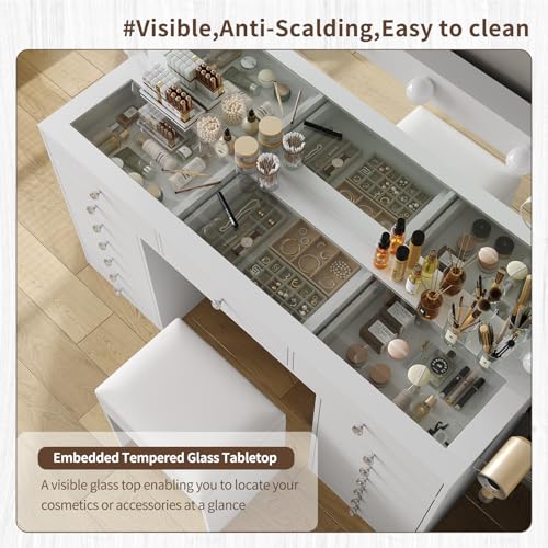 Vanity Desk & Power Outl, Makeup Vanity with Mirror and 12 LED Lights, Makeup Table with 11 Drawers, Vanity Table with Chair