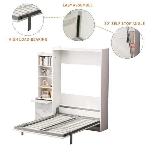 Queen Size Murphy Bed Wall Cabinet with 2 Wardrobe and Storage Shelf, Wooden Murphy Cube Wall Bed