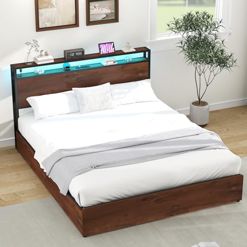 Queen Size Bed Frame with 4 Storage Drawers, LED Platform Bed with Headboard, Built in Charging Station, Noise Free, Stable and Solid