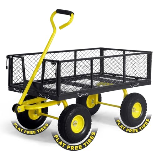 CAPHAUS Metal Black Garden Cart, w/ 180° Adjustable Yellow Handle, w/Mat and Strap, Heavy Duty 880 lbs Capacity, w/ 10” Flat-Free Tires