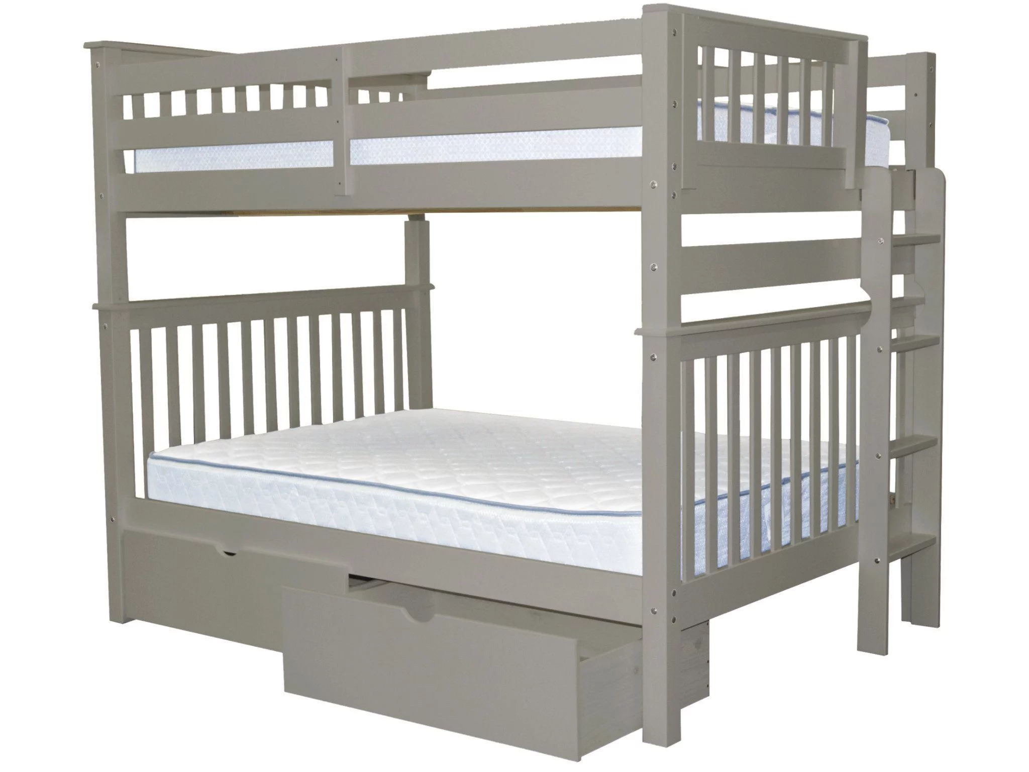 Bedz King Bunk Beds Full over Full Mission Style with End Ladder and 2 Under Bed Drawers, Gray