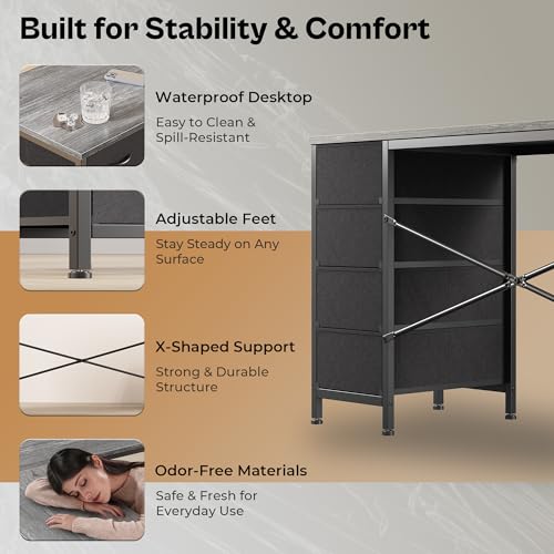 Huuger 63 Inch L Shaped Desk with Fabric Drawers, Reversible Computer Gaming Desk with Power Outlets and USB-C Port, Adjustable Side Storage Shelves