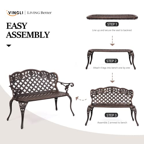 VINGLI 42.5" Outdoor Bench, Antique Cast Aluminum Front Porch Bench Metal Garden Benches Cast Iron Benches 2-3 People Seating (Black)