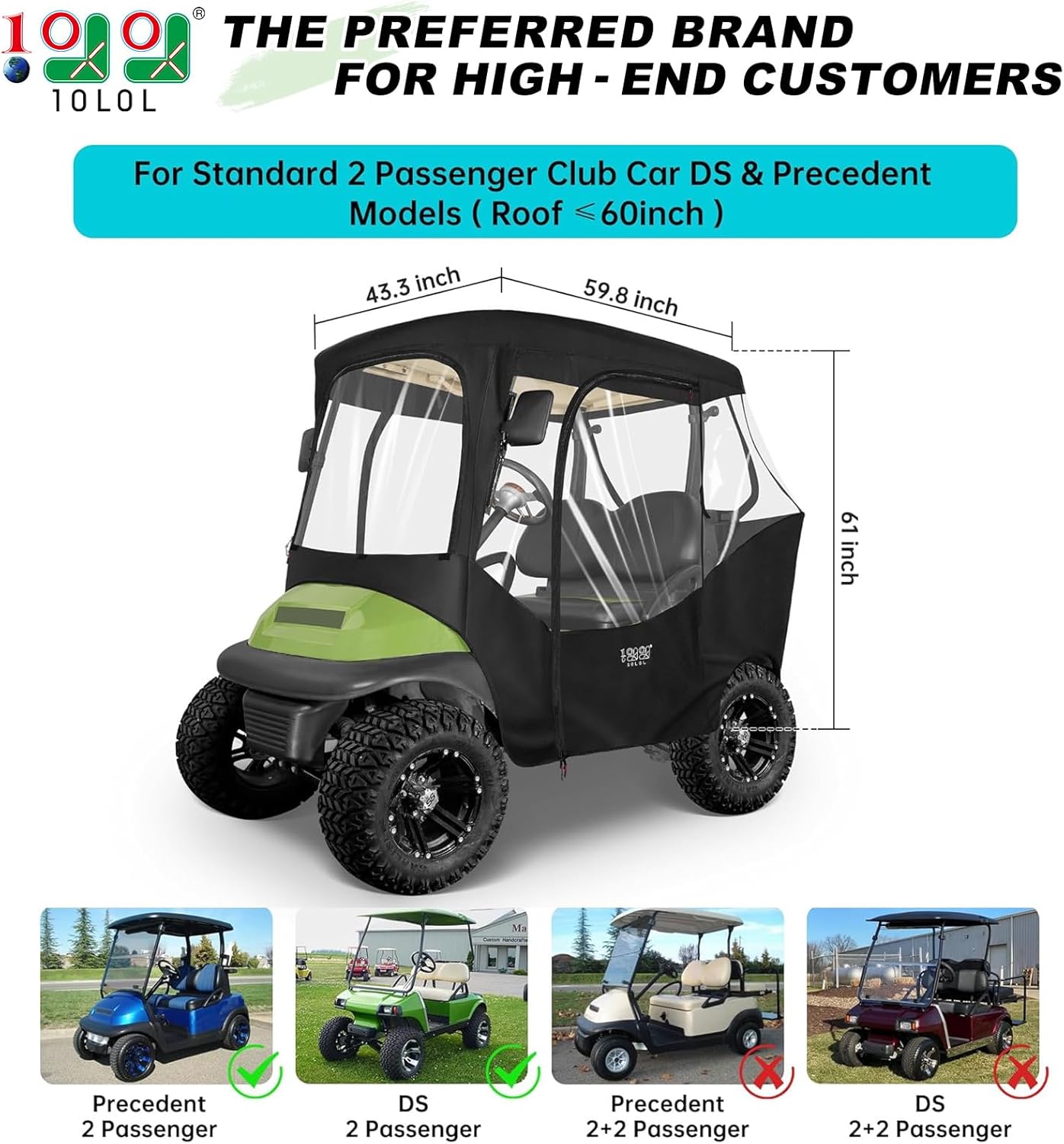 10L0L 2 Passenger Golf Cart Enclosures Cover for Club Car DS & Precedent, All Weather Windproof Waterproof Rain Cover