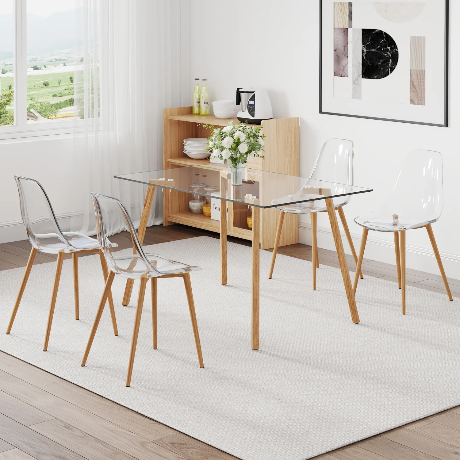 Holaki 1 Table and 4 Chairs Set. Glass Dining Table, 0.31 "Tempered Glass Tabletop and Wood Grain Metal Table Legs . Table Size: 47" W x 31"D x 30" H