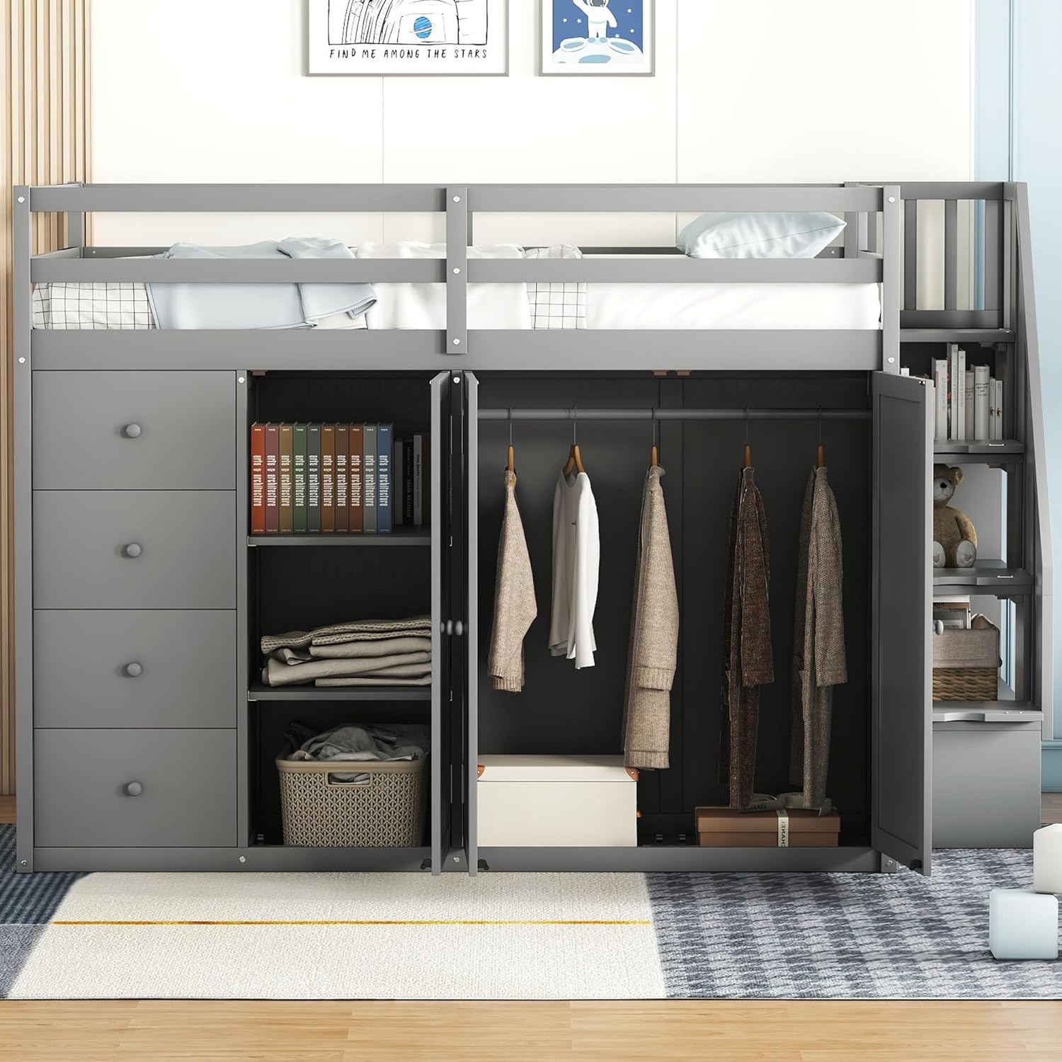 Full Size Loft Bed with Storage Space, Muti-Functional Wooden Loft Bed Frame with Built-in Wardrobes, Staircase