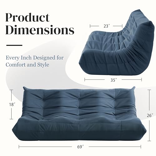 Bean Bag Chair for Adults - Suede & Microfiber Fireside Floor Chair, Comfortable Corner Lounge Sofa for Living Room, Bedroom, Office (3-Seater, Beige)