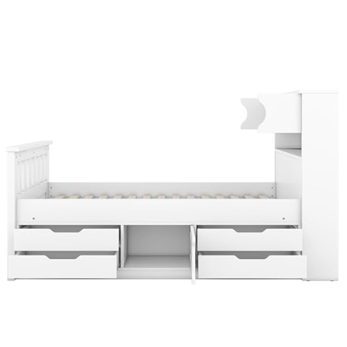 Harper & Bright Designs Twin Size Captain Platform Bed with Bookcase Headboard, Wood Twin Bed Frame with Storage Drawers and Shelves