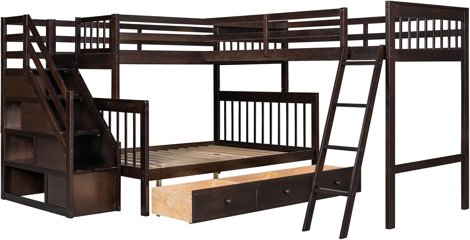 Bellemave L-Shape Triple Bunk Beds with Stairs and Storage Drawers Twin Over Full Bunk Bed Attached a Loft Bed with Drawers Wood Corner Bunked for 3