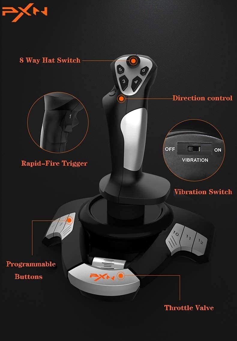 PXN-USB Flight Simulation Stick PC Flight Joystick Flight Joystick Controller, with Vibration Function Throttle Control, 12 Programmable Buttons