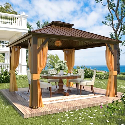 YOLENY 10' x 12' Hardtop Gazebo, Metal Gazebo with Aluminum Frame, Double Galvanized Steel Roof, Curtains and Netting Included
