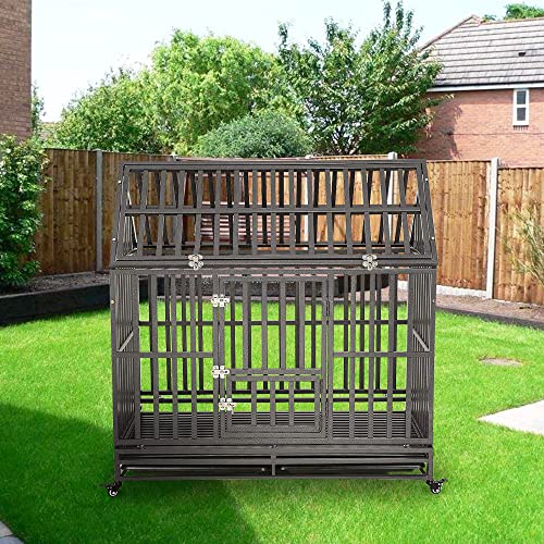 LUCKUP Heavy Duty Dog Cage Metal Kennel and Crate for Medium and Large Dogs, Pet Playpen with Four Wheels, Easy to Install, 48 inch, Black